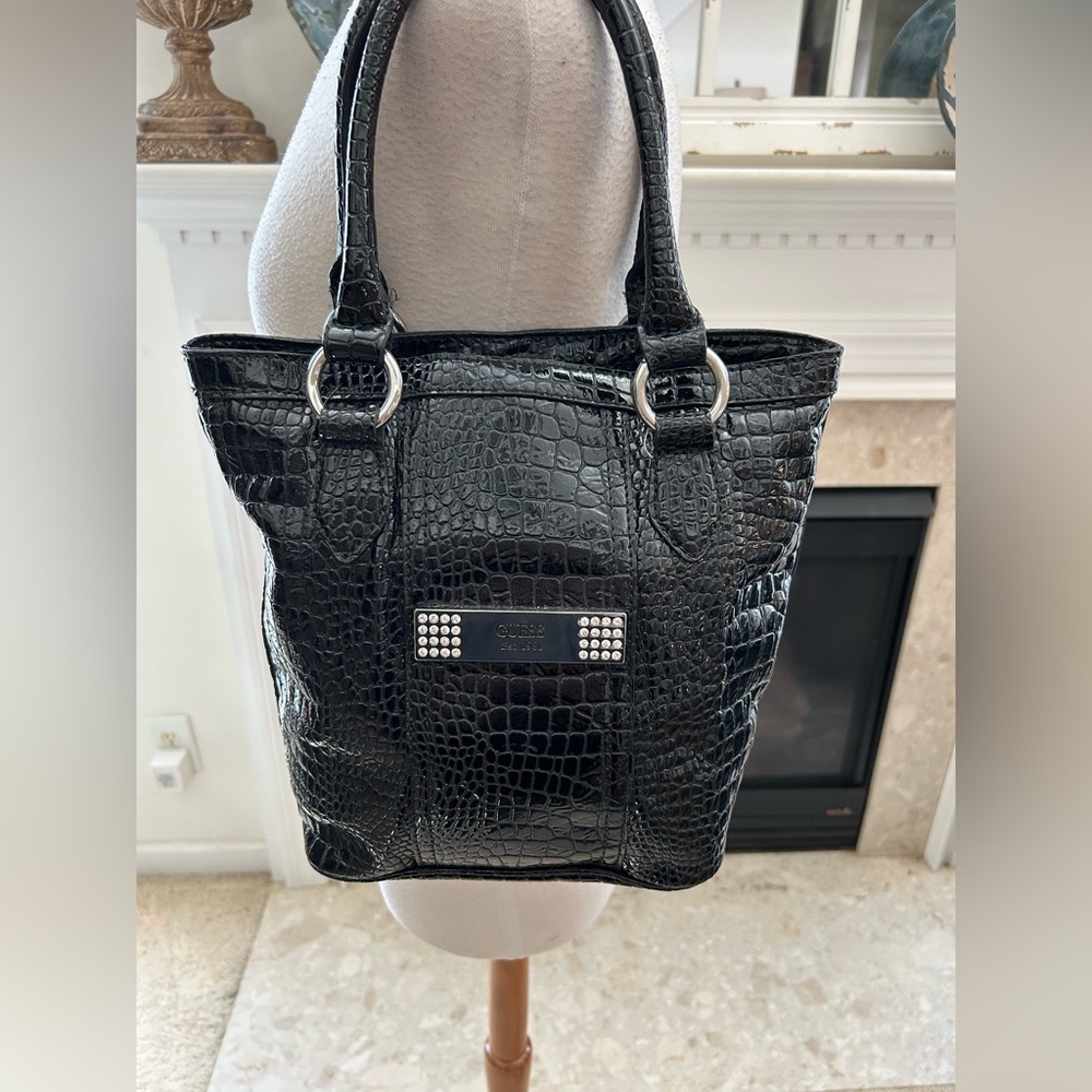 Guess Black Embossed Croc Bag with Silver Details
